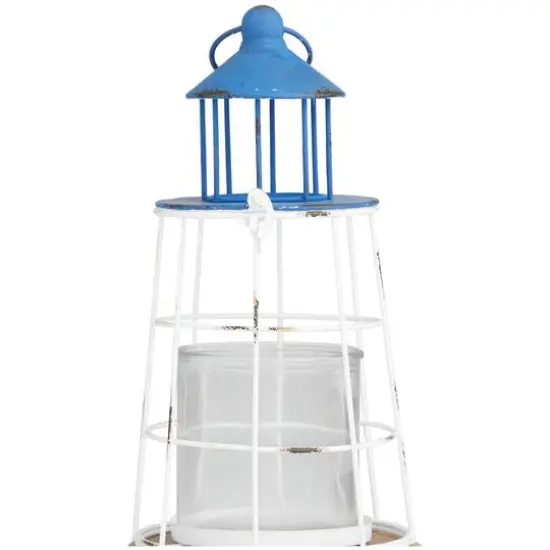 12" Blue Metal Distressed Decorative Light House Candle Lantern {6}