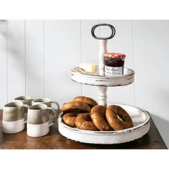 Hello Honey&reg; 18.5" Distressed Cream Wood 2-Tier Tray {9}