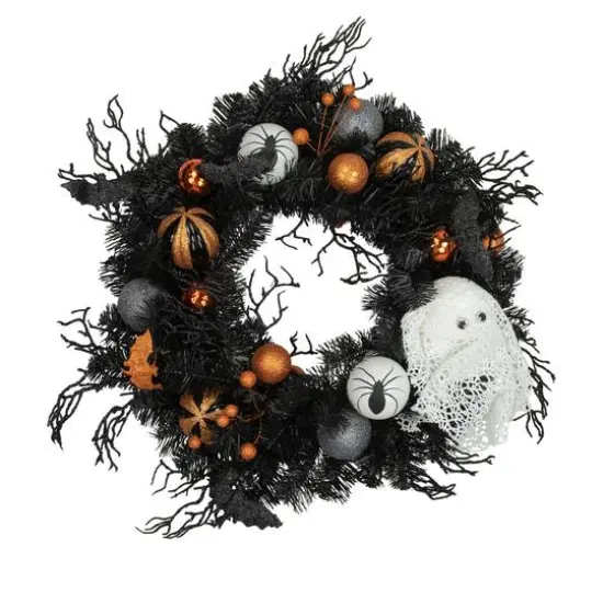 24'' Unlit Orange Ornaments and Ghost Halloween Pine Wreath {1}