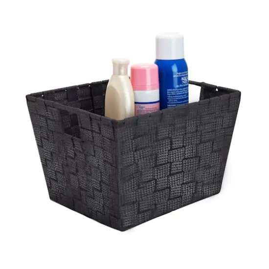 Simplify Medium Black/Silver Lurex Striped Woven Storage Bin {3}