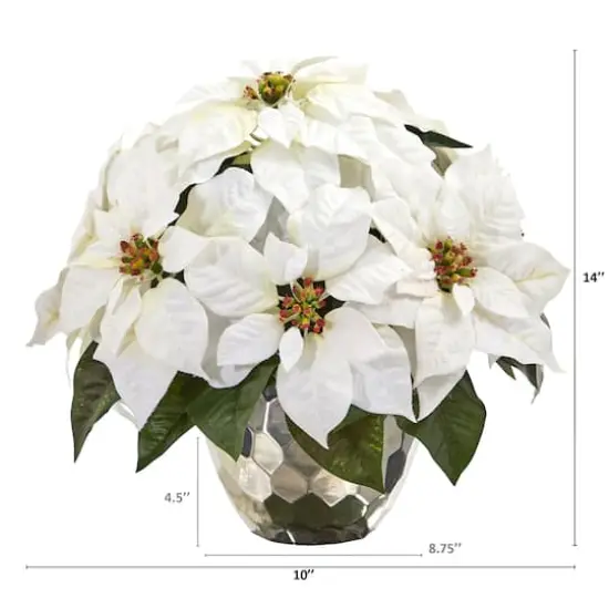 14" White Poinsettia Arrangement in Designer Silver Bowl {3}