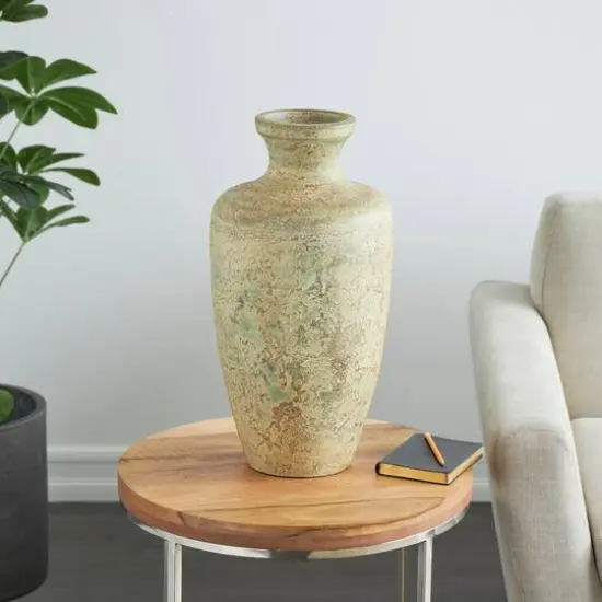 Brown Ceramic Vase with Green Accents {9}