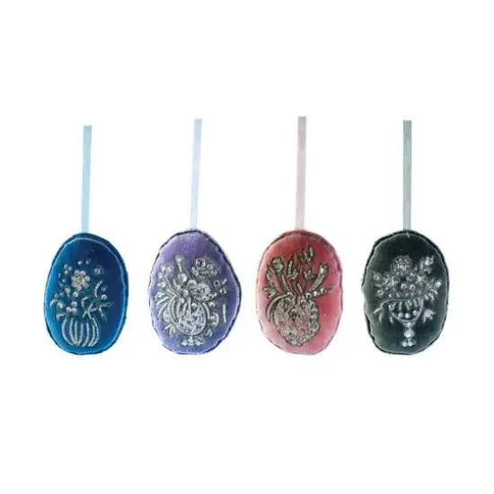 Hello Honey® 4 Pack 3.5" Beaded Flower Oval Velvet Ornaments {1}