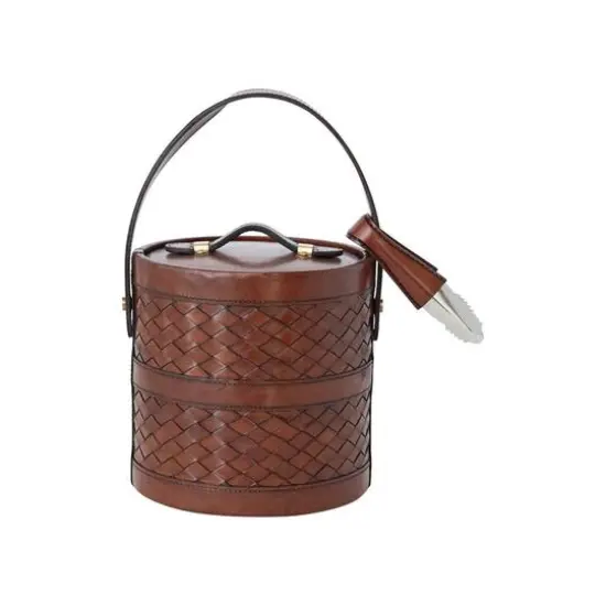 Hello Honey 2.5 Quart Reclaimed Wood, Woven Leather and Removable Stainless Steel Ice Bucket with Handle and Tongs, Cognac Color {6}