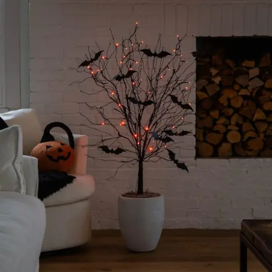 4ft. Pre-Lit Artificial Halloween Black Twig Tree with Bats and 50 Orange LED Lights {9}