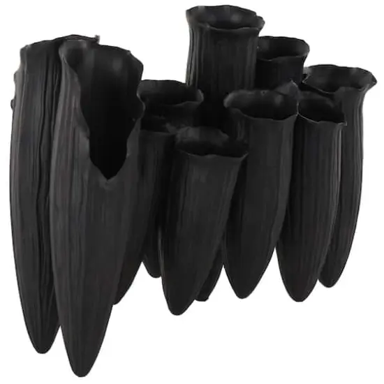 13.25" Black Ceramic Abstract Floral Inspired Decorative Vase with Linear Grooves & 10 Openings {1}