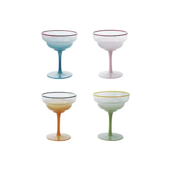 Hello Honey 4-Piece Fluted Stemmed Coupe Glass with Colored Rim, Multicolor {1}