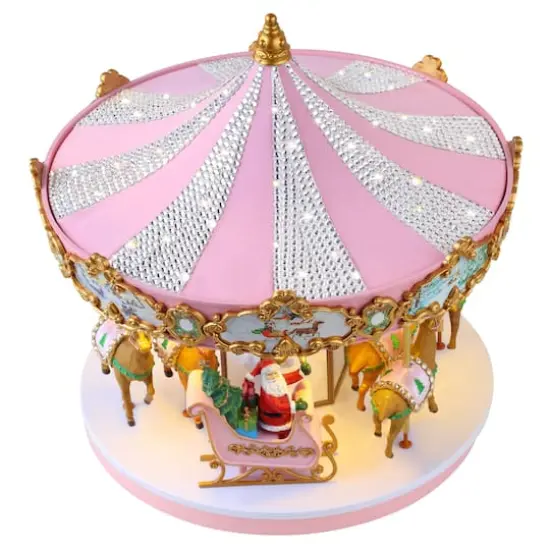 12" Animated & Musical Pink Crystal Carousel {5}
