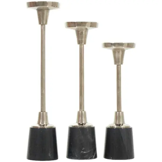 Silver Metal Slim Candle Holder with Black Marble Base Set {5}