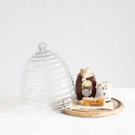 Hello Honey® 11.5" Clear & Natural Reclaimed Etched Glass Beehive Shaped Cloche with Mango Wood Base {3}
