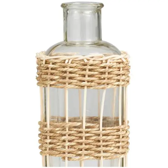 13" Clear Glass Handmade Vase with Light Brown Rattan Woven Body {4}