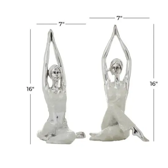 Set of 2 Silver Polystone Glam Yoga Sculpture, 7" x 16" {7}