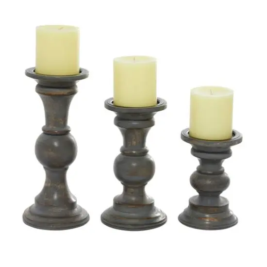 Brown Mango Wood Country Cottage Candle Holder Set {1}
