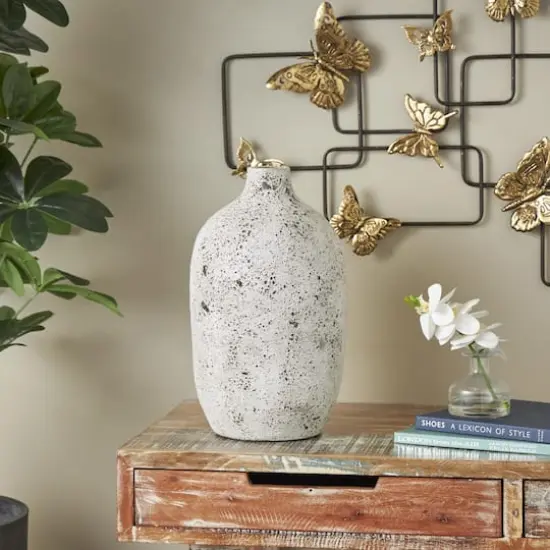 17" White Antique-Style Textured Ceramic Vase {3}