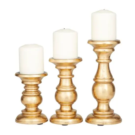 Mango Wood Traditional Candle Holder Set Gold {6}