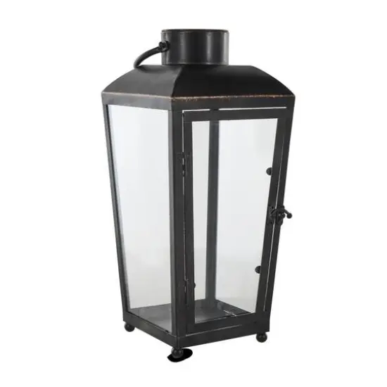 16" Black Metal Modern Candle Lantern with Gold Accents {6}
