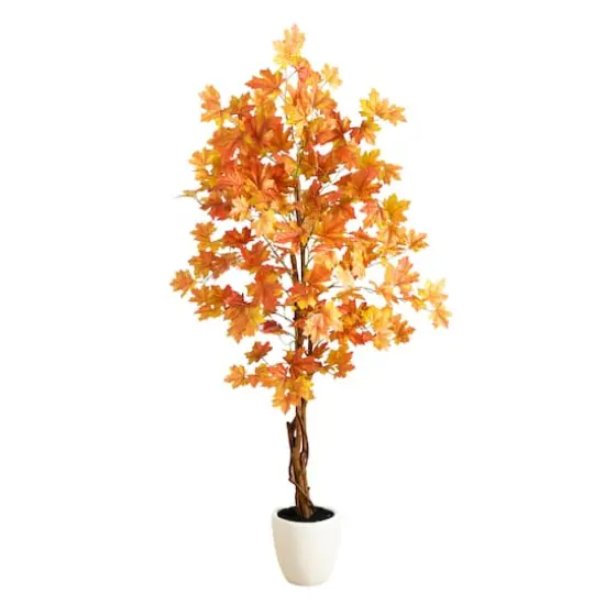 5ft. Artificial Fall Double Trunk Maple Autumn Tree in Decorative White Planter {1}