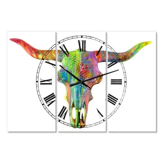 Designart Longhorn Rainbow Skull Oversized Modern 3 Panel Wall Clock {1}