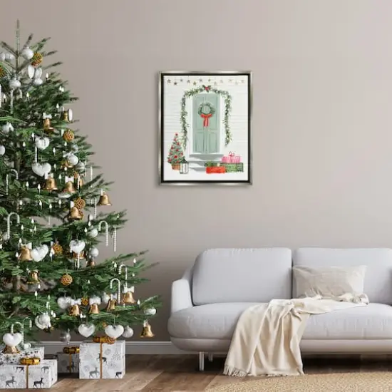 Stupell Industries Christmas Presents Wreath Doorstep Framed Floater Canvas Wall Art Gray {3}