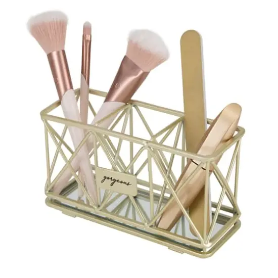 Home Details 3-Compartment Cosmetic Brush & Pencil Holder Satin Gold {4}
