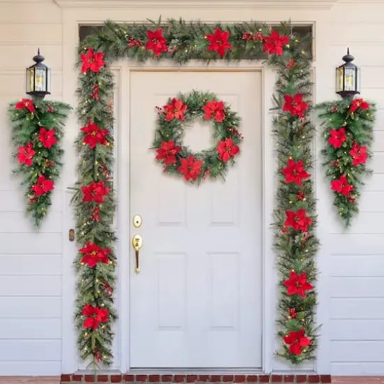 Glitzhome&reg; 3ft. Pre-Lit Pine, Poinsettia & Berries Christmas Teardrop Swag {4}
