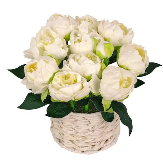 10" Peony Flower Bouquet In White Basket {6}