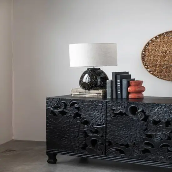 Hello Honey® 22" Black and White Dotted Stoneware Table Lamp with Linen Shade {6}