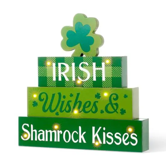 Glitzhome&reg; 11.5'' Lighted St. Patrick's Wooden Block Table Sign {6}