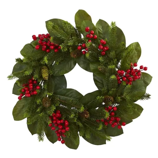 24" Magnolia Leaf, Berry & Pine Artificial Wreath {1}