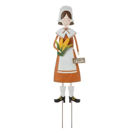 Glitzhome® 36" Metal Thanksgiving Pilgrim Girl Standing Or Hanging Yard Stake {1}