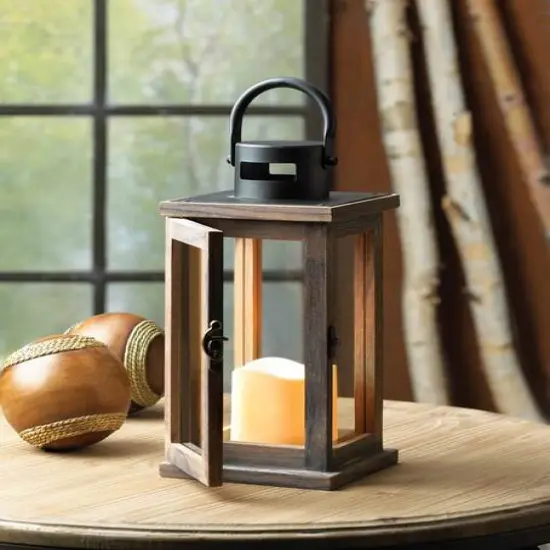 10.75" Lodge Wooden Lantern with LED Candle {6}