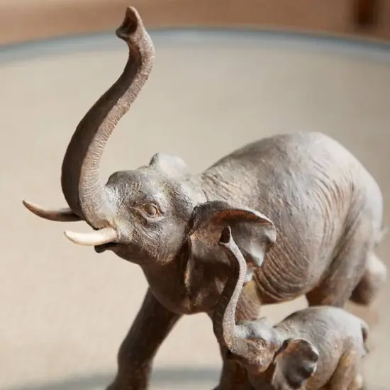 11" Brown Eclectic Polystone Elephants Sculpture {8}