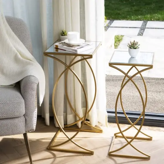 Glitzhome&reg; Metal Tall Accent Table with Glass Top Set Gold {5}