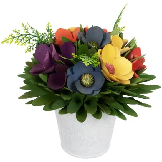 7.5" Wooden Artificial Spring Floral Arrangement with Flowers & Garden Pot {7}