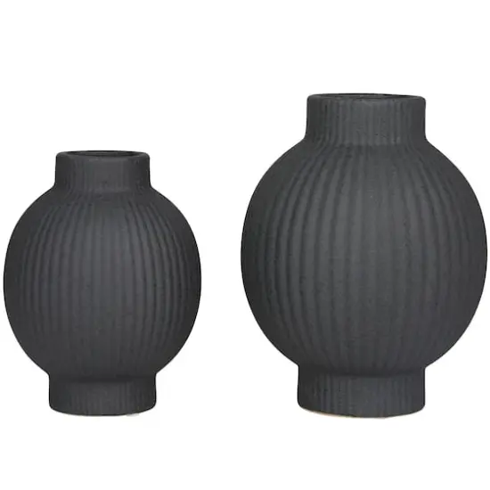 CosmoLiving by Cosmopolitan Black Ceramic Ribbed Vase Set of 2 11", 9" {5}