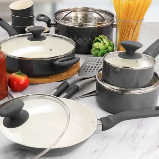 Spice by Tia Mowry Savory Saffron Gray 16 Piece Ceramic Nonstick Cookware Set {5}