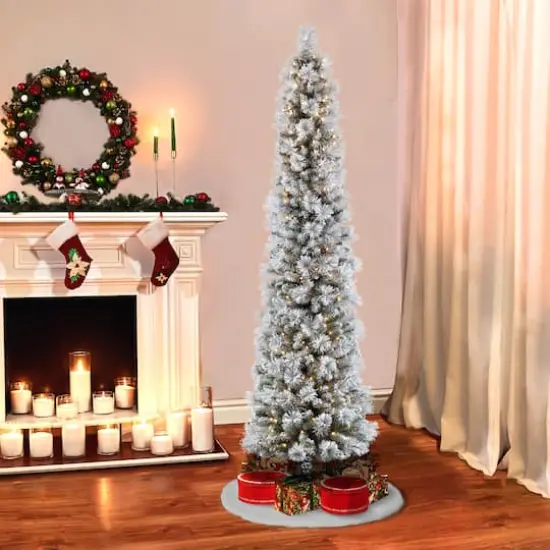 7.5ft. Pre-Lit Flocked Portland Pine Slim Artificial Christmas Tree, Clear Lights {6}