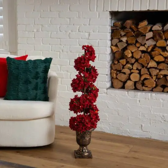 3ft. Pre-Lit Artificial Christmas Poinsettias and Berries Spiral Topiary Tree with 30 Warm White LED Lights {9}