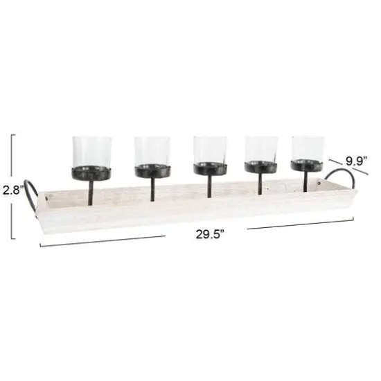 Hello Honey&reg; Rectangle Wood Tray Holder with 5 Clear Glass Votive Candleholders {6}