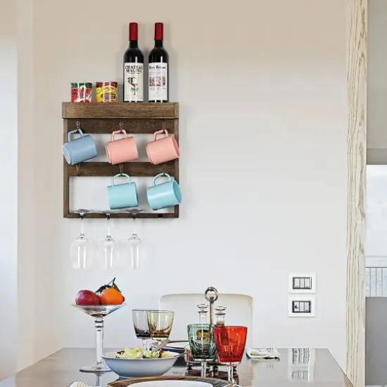 NEX&trade; 16" Rustic Brown Wood Wall-Mounted Coffee Mug Rack {4}