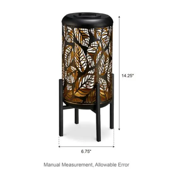 Glitzhome&reg; 14.25" Black Metal Cutout Leaves Pattern Solar Powered LED Outdoor Lantern {9}