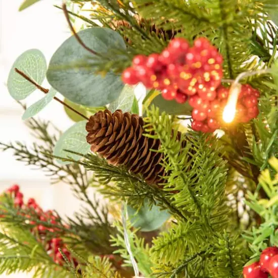 3ft. Pre-Lit Pine Needle & Eucalyptus Leaf Artificial Urn Christmas Porch Tree, Warm White LED Lights {7}