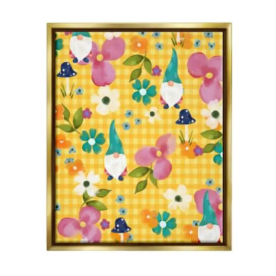 Stupell Industries Yellow Tartan Patterned Spring Gnomes Mushrooms Floater Framed Art Gold {1}