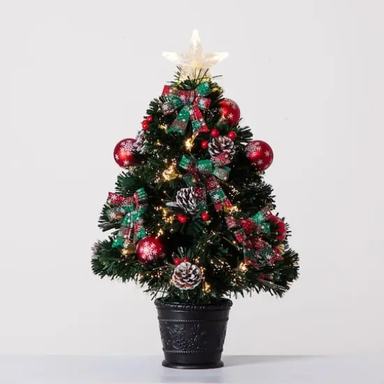 2ft. Pre-Lit Fir Artificial Christmas Tree in Planter, White Optic Fiber Lights {11}