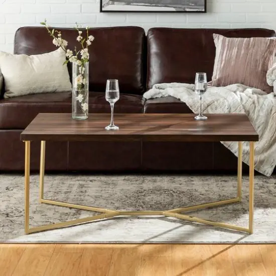 Luxe 42" Dark Walnut & Gold Y Leg Modern Glam Coffee Table {4}