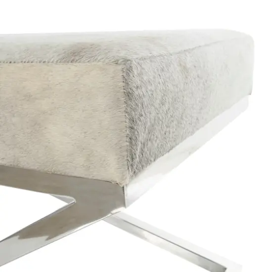 Light Gray Leather Geometric Bench with Angled Silver Metal Base {8}