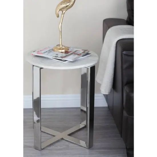 21" White Marble & Stainless Steel Modern Accent Table {7}