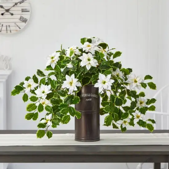 21" White Poinsettia & Variegated Holly Plant in Decorative Planter {4}