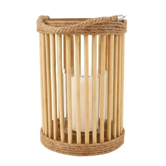 13" Brown Bamboo Handmade Open Framed Caged Candle Lantern with Rope Handle {1}