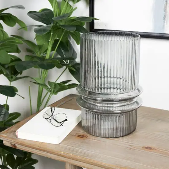 12" Gray Glass Wide Ribbed Vase with Fluted Center {7}